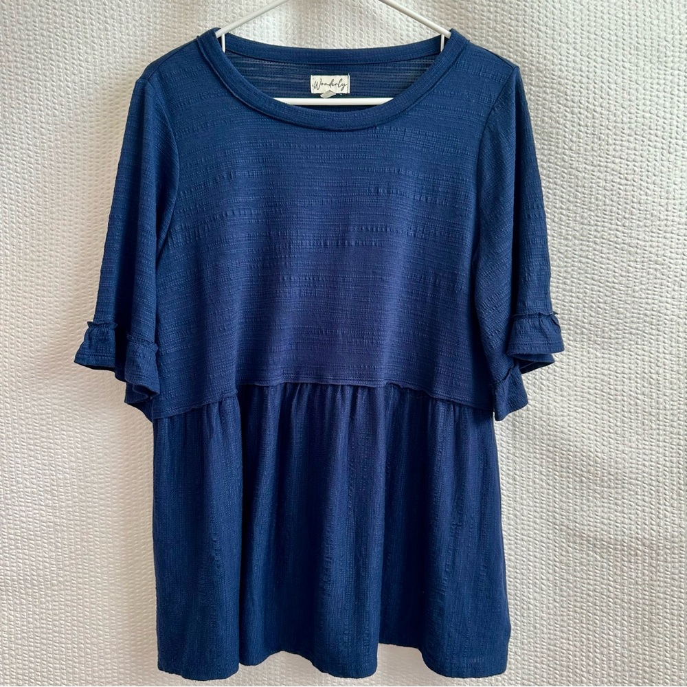 WONDERLY Navy Blue Ruffle Sleeve Babydoll Peplum Blouse Top Size Medium
